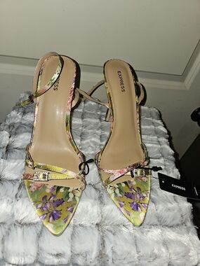 Express Floral Pointed Toe Strappy Heels in Yellow and Purple